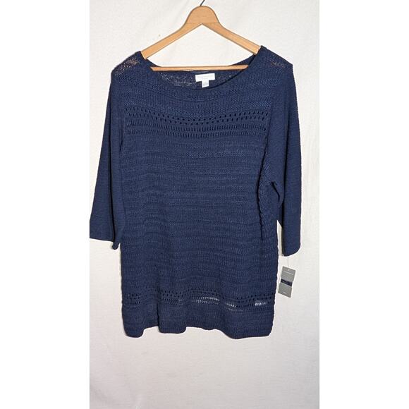 Charter Club Womens Knit Open Weave boat neck Sweater Sz 2X Navy Plus Size NWT - Picture 1 of 8